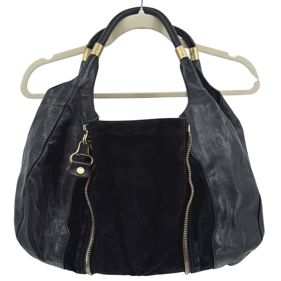 Jimmy Choo Mandah Black Leather Suede Expandable Hobo Bag Gold Hardware - Picture 2 of 12